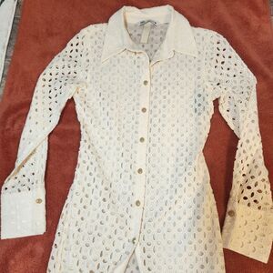 ZARA Eyelet Embroidered Button Down Festival Midi Dress Cream (Ivory) Fitted XS